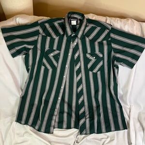 Vintage Wrangler Gray And Green Striped Pearl Snap Short Sleeve Shirt Size 2XL